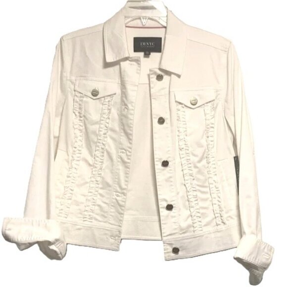 Isaac Mizrahi non-denim Jean style Jacket, off-white, ruffle details, sz.SP - Picture 1 of 11